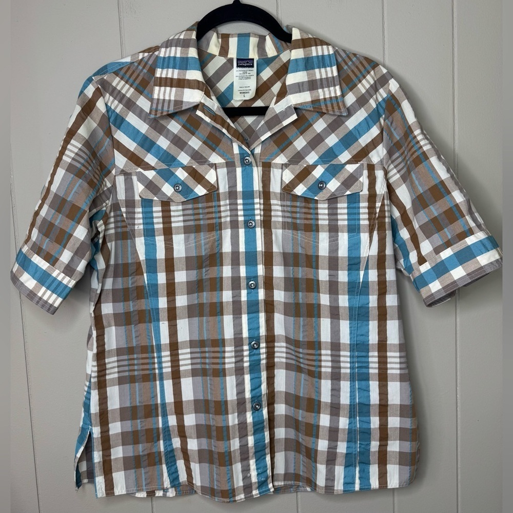 Patagonia W’s Netty Plaid Organic Cotton Seersucker Short Sleeve Womens Large